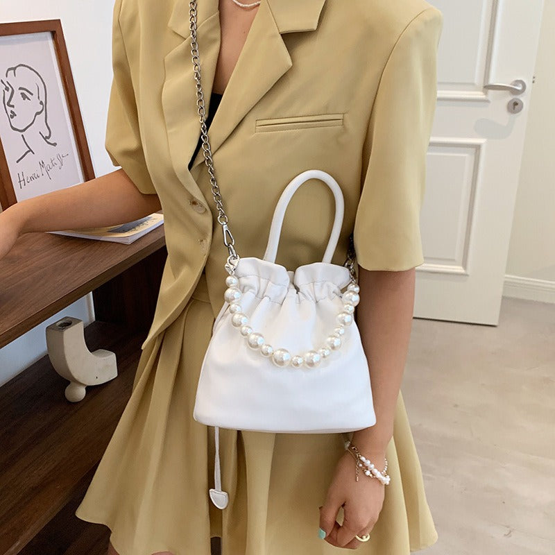 Elegant Pearl Chain Pleated Bucket Bag for Women