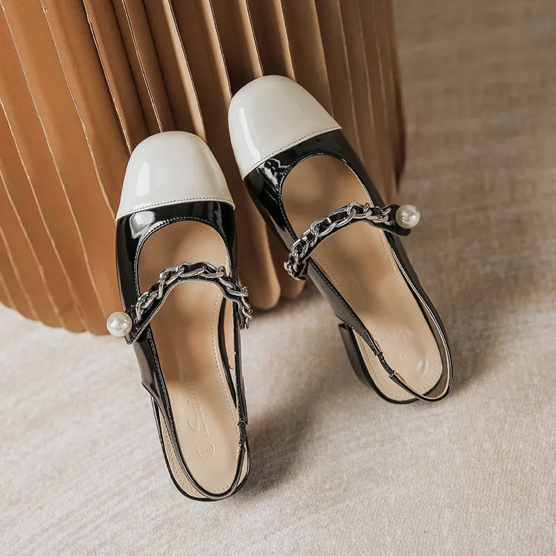Sandalias Mary Jane con Cadena de Perlas Elegantes para Mujeres