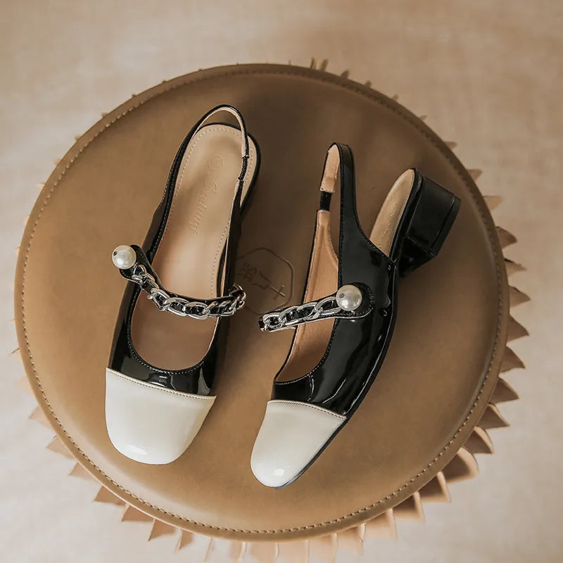 Sandalias Mary Jane con Cadena de Perlas Elegantes para Mujeres