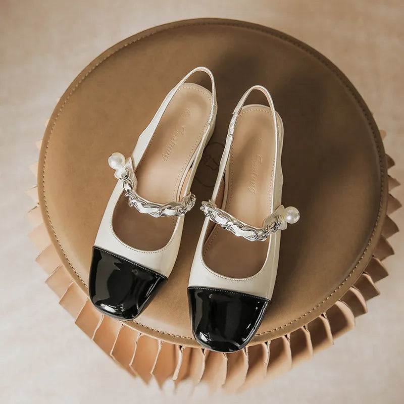 Sandalias Mary Jane con Cadena de Perlas Elegantes para Mujeres