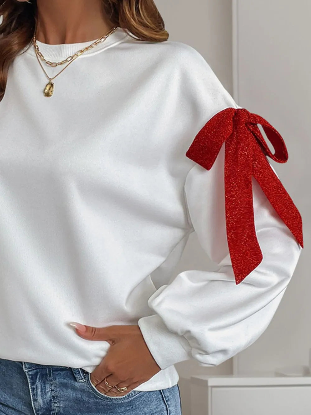 Sweatshirt à col rond à manches longues Perfee Bow