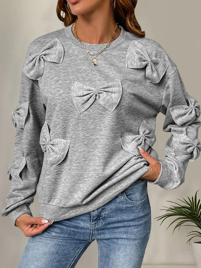 Perfee Bow Round Neck Long Sleeve Sweatshirt - Korvel