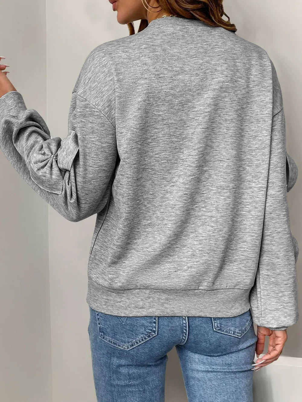 Perfee Bow Round Neck Long Sleeve Sweatshirt - Korvel