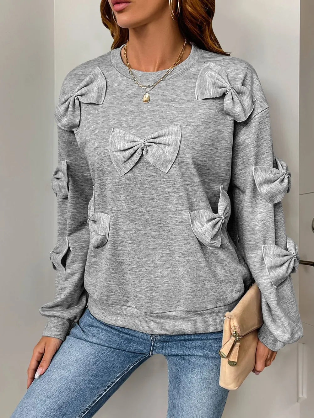 Perfee Bow Round Neck Long Sleeve Sweatshirt - Korvel