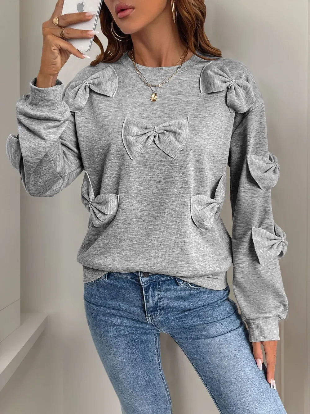 Perfee Bow Round Neck Long Sleeve Sweatshirt - Korvel