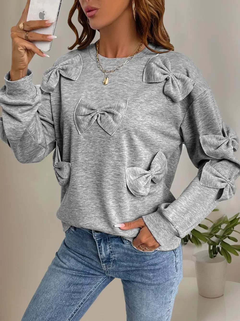 Perfee Bow Round Neck Long Sleeve Sweatshirt - Korvel