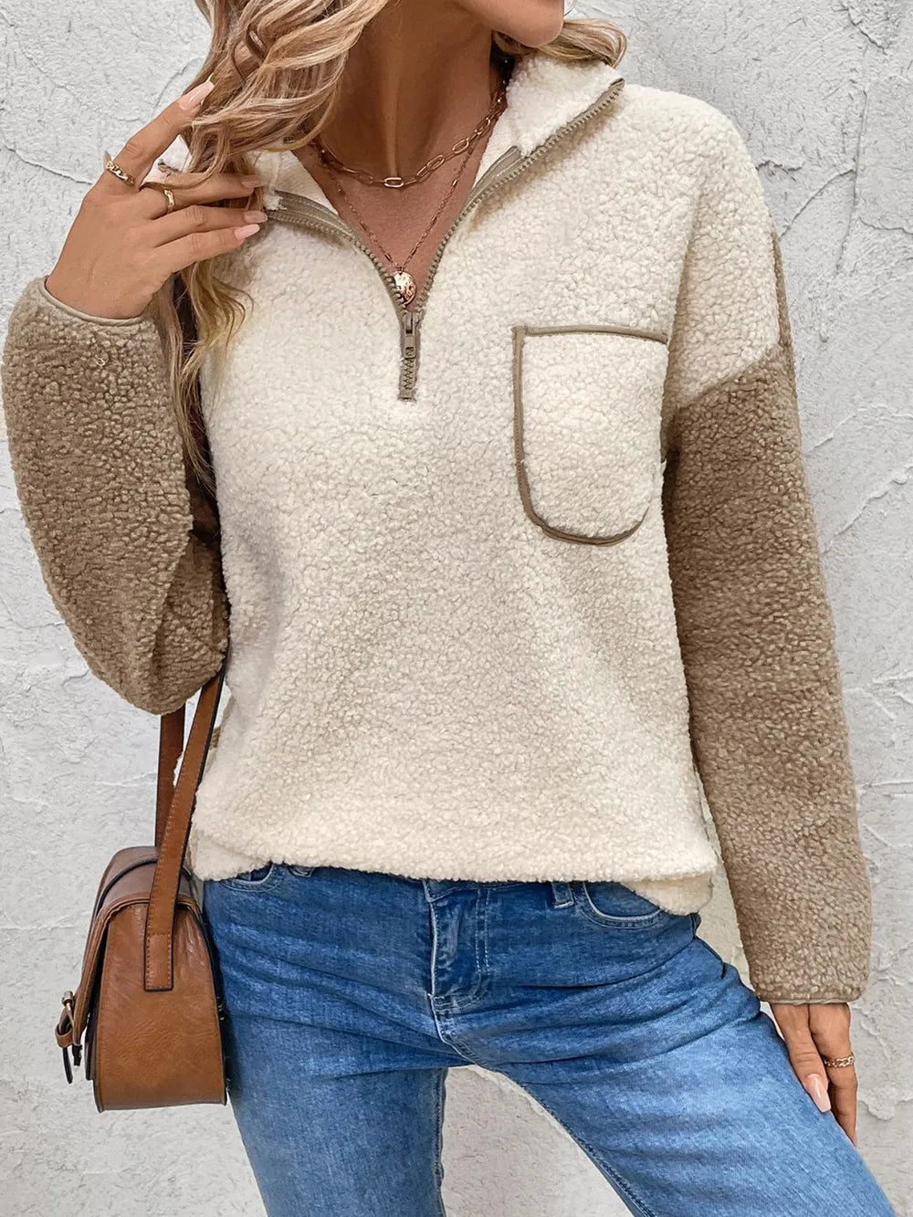 Perfee Contrast Half Zip Long Sleeve Sweatshirt - Korvel