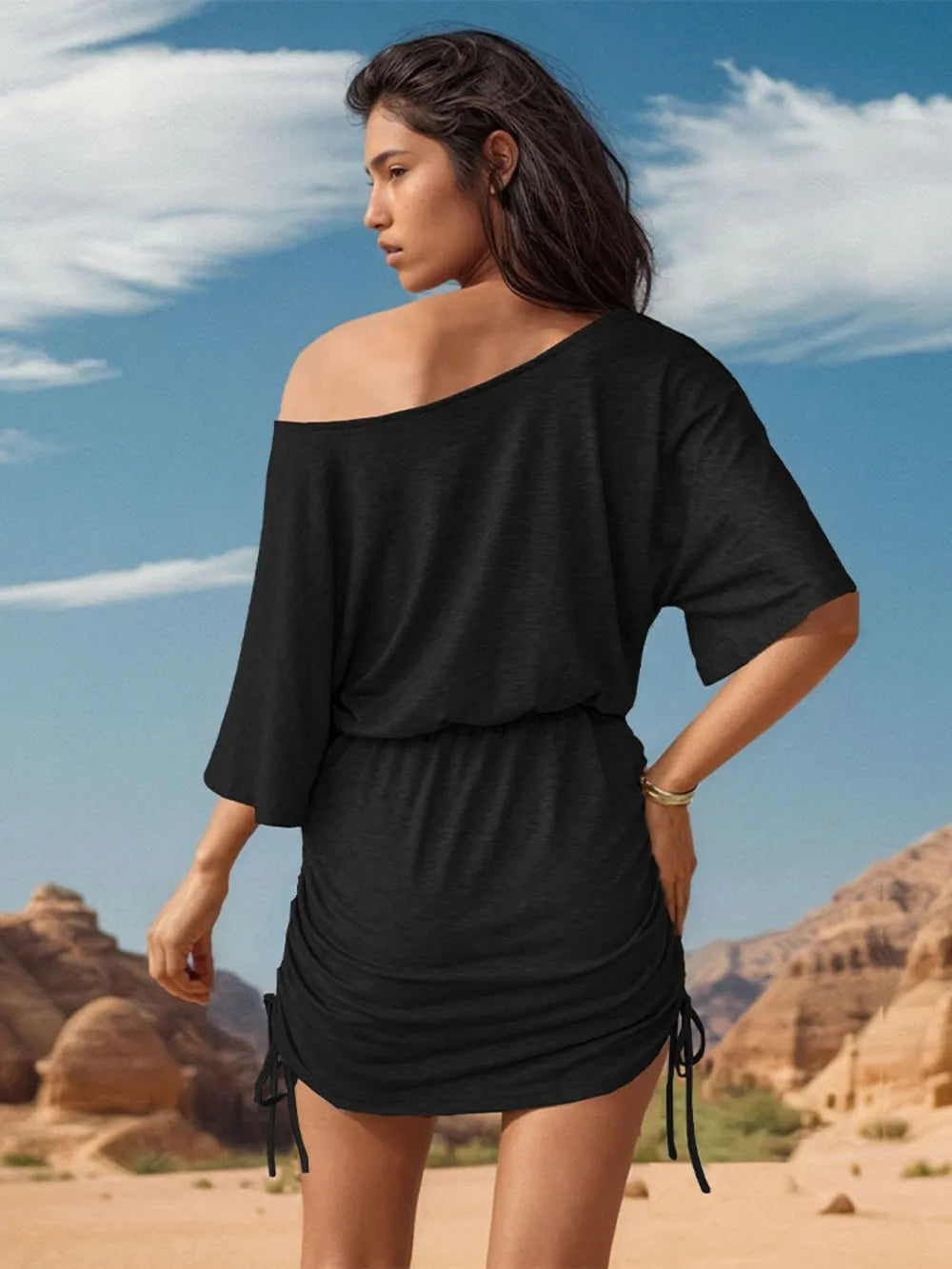 Perfee Drawstring One Shoulder Three-Quarter Sleeve Mini Dress - Korvel