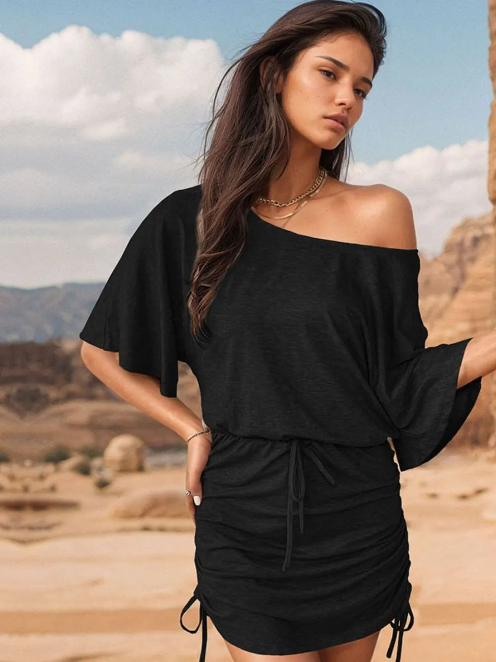 Perfee Drawstring One Shoulder Three-Quarter Sleeve Mini Dress - Korvel