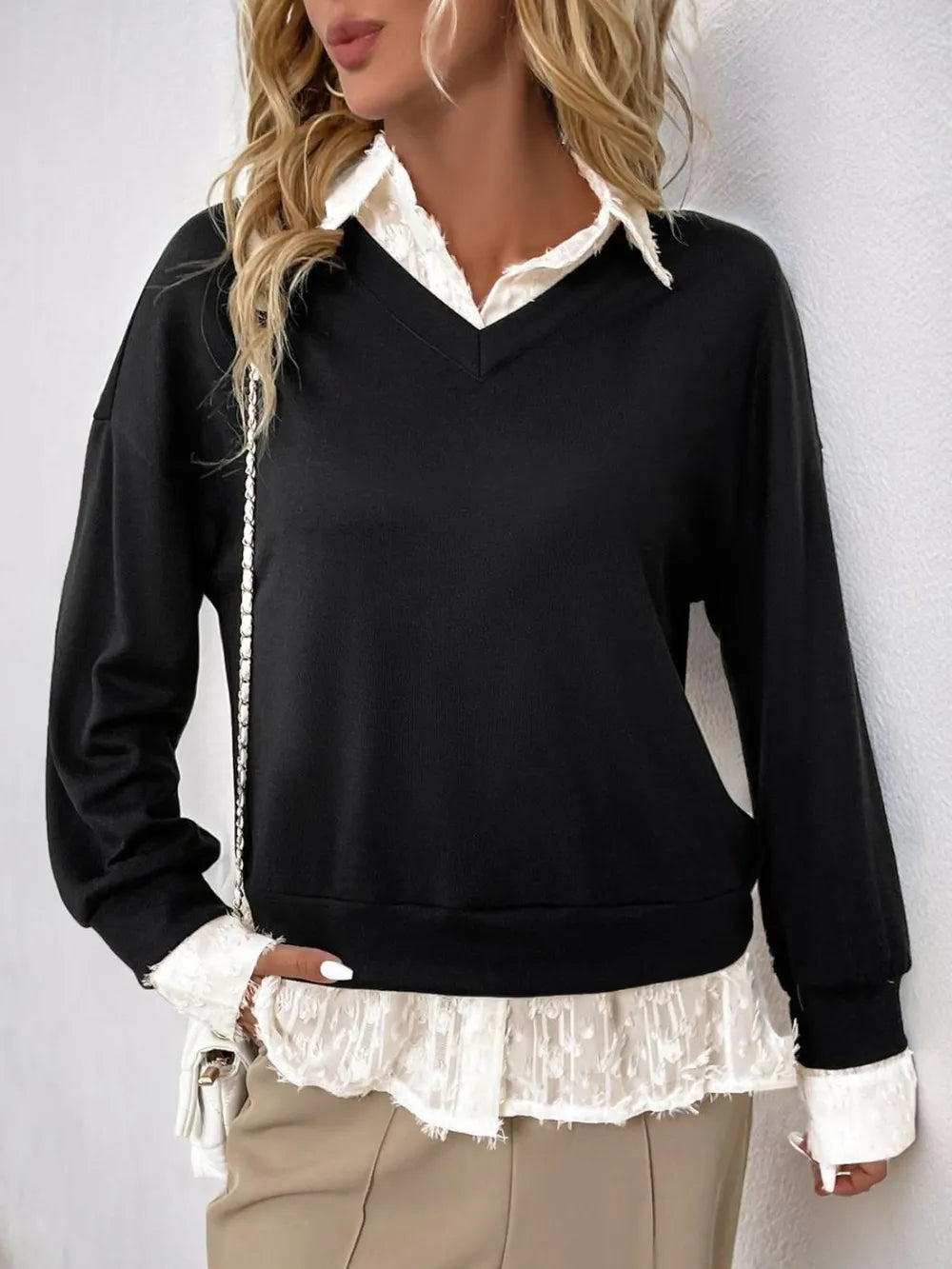 Perfee Faux Layered Contrast Long Sleeve Sweatshirt - Korvel