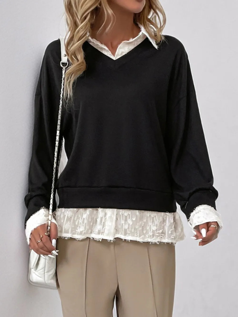 Perfee Faux Layered Contrast Long Sleeve Sweatshirt - Korvel