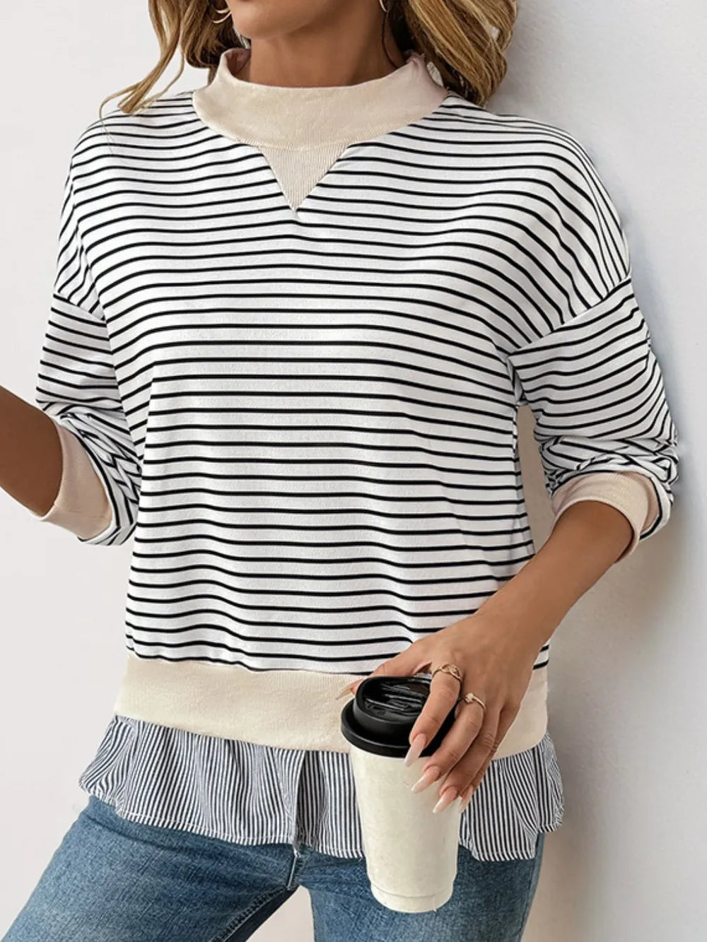 Perfee Faux Layered Striped Long Sleeve Sweatshirt - Korvel