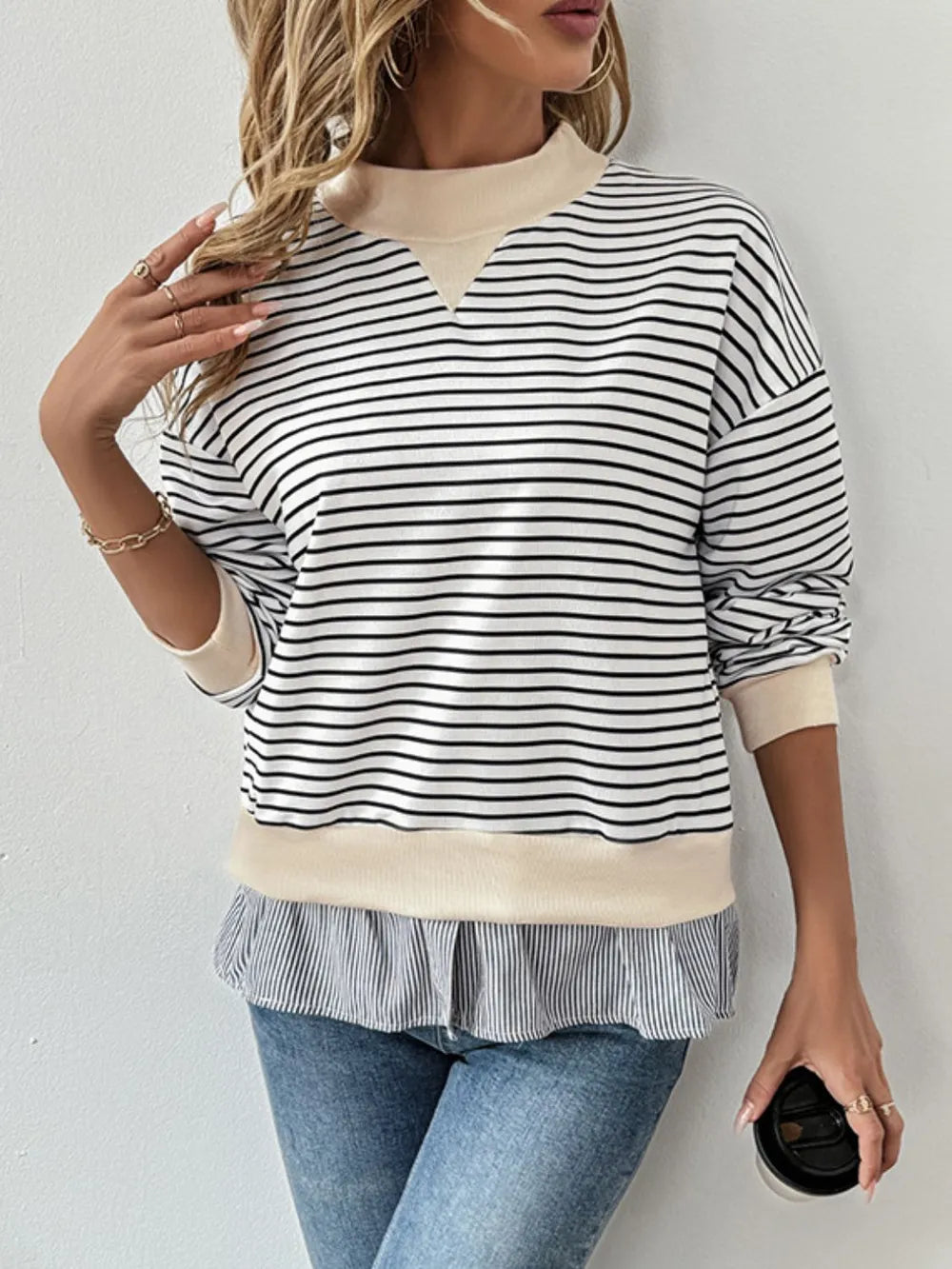Perfee Faux Layered Striped Long Sleeve Sweatshirt - Korvel