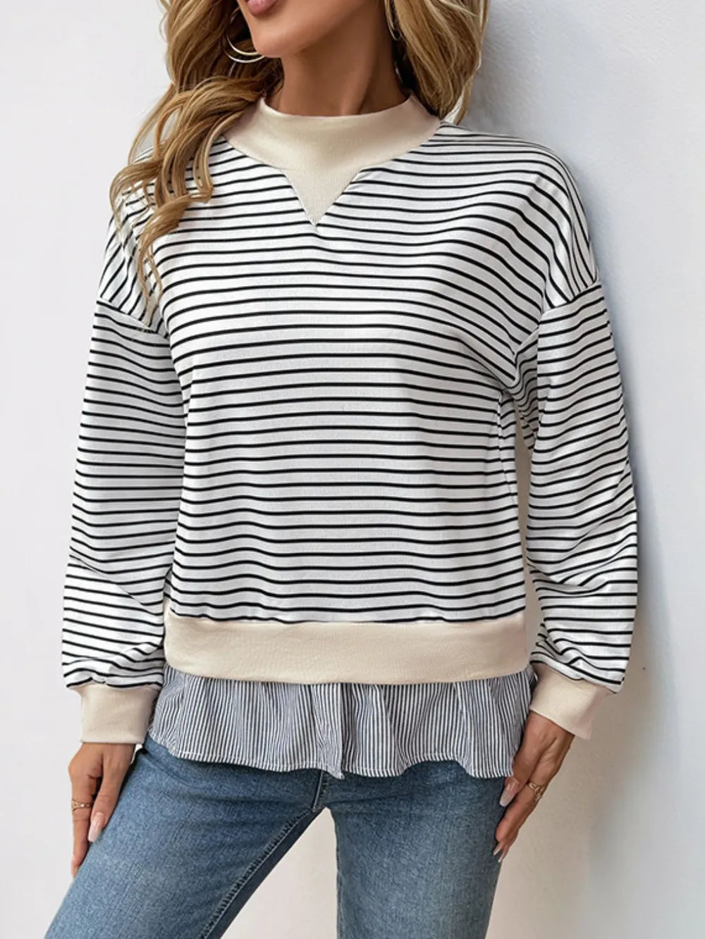 Perfee Faux Layered Striped Long Sleeve Sweatshirt - Korvel