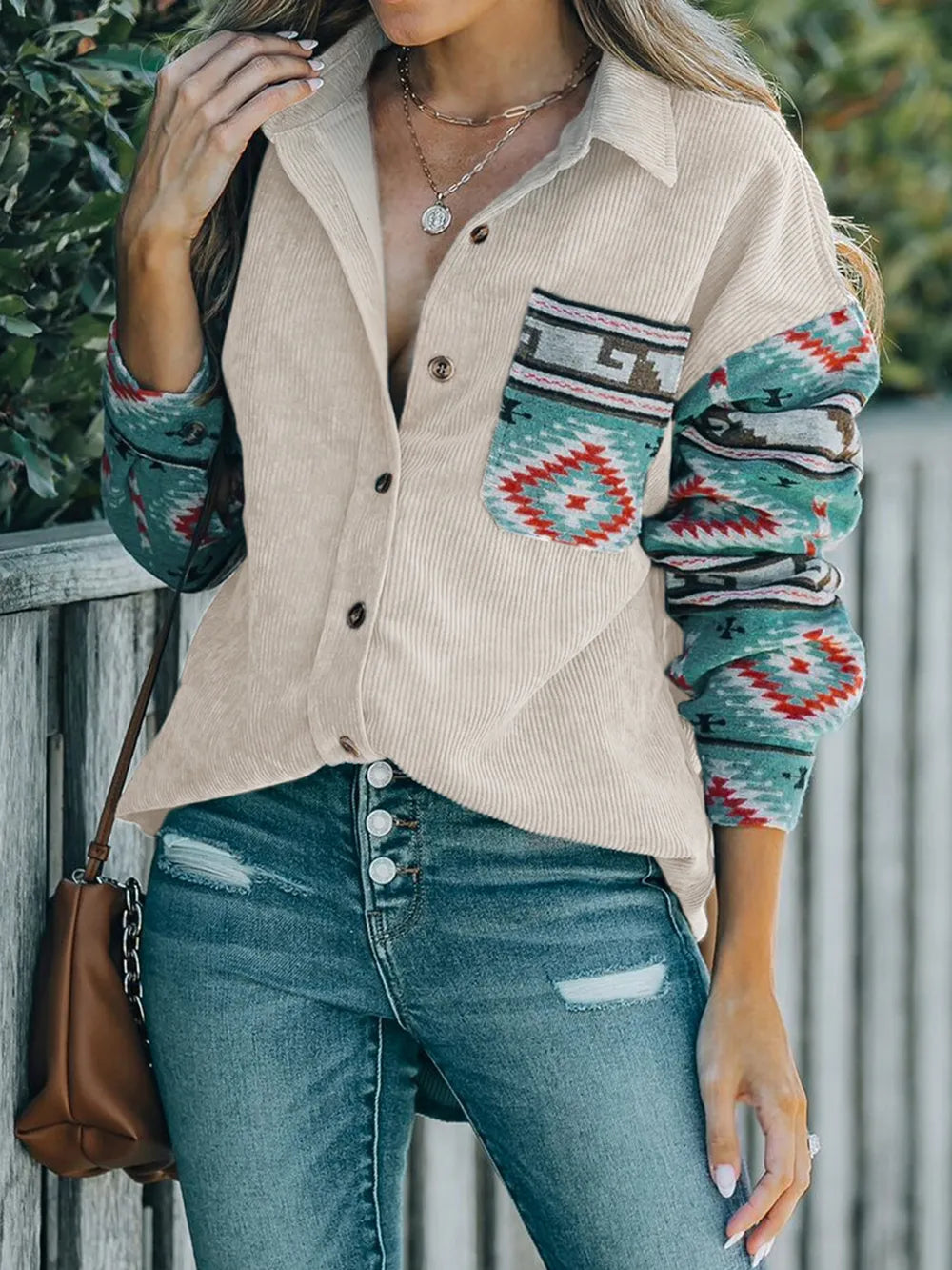 Perfee Pocketed Geometric Collared Neck Shacket - Korvel