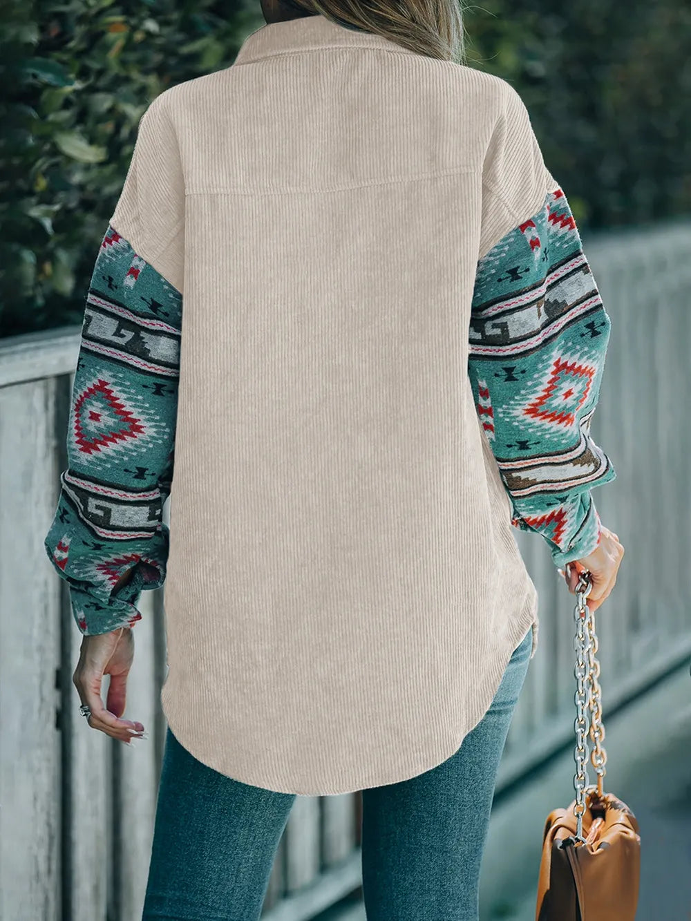 Perfee Pocketed Geometric Collared Neck Shacket - Korvel