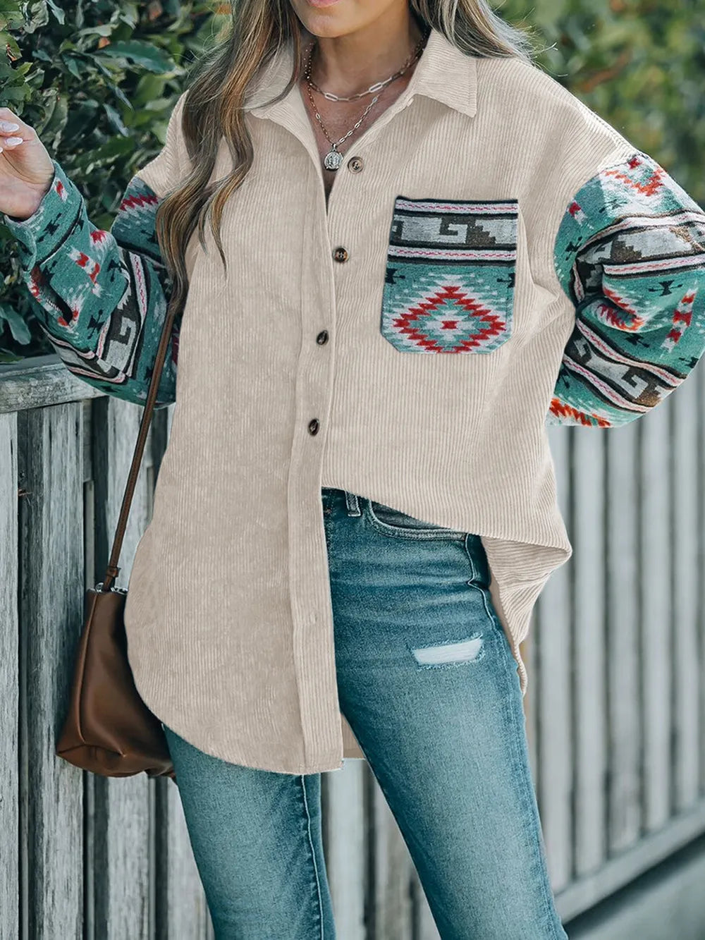 Perfee Pocketed Geometric Collared Neck Shacket - Korvel