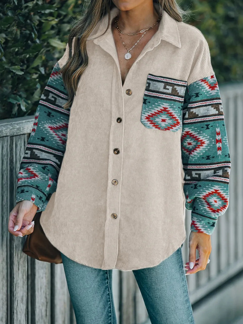 Perfee Pocketed Geometric Collared Neck Shacket - Korvel