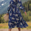 Perfee Printed Notched Lantern Sleeve Midi Dress