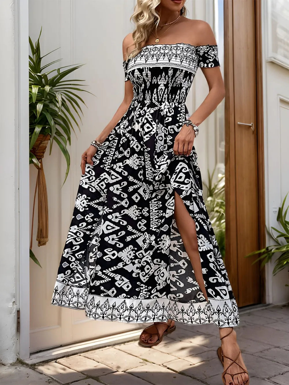 Perfee Slit Printed Off-Shoulder Dress - Korvel