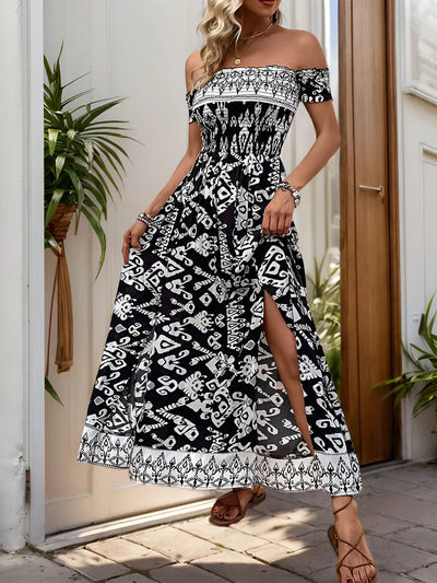Perfee Slit Printed Off-Shoulder Dress - Korvel