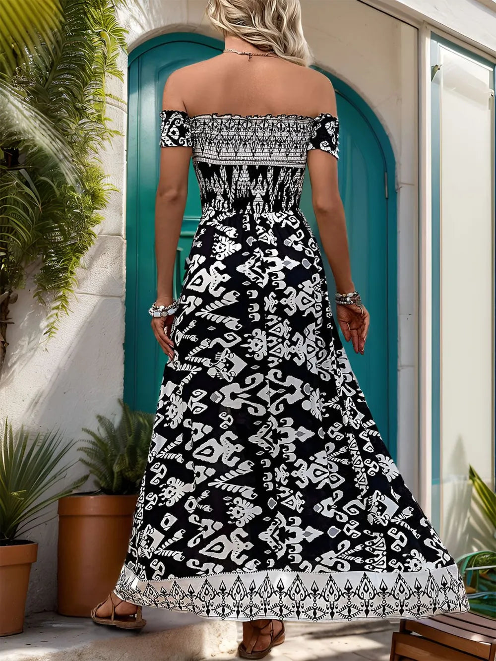Perfee Slit Printed Off-Shoulder Dress - Korvel
