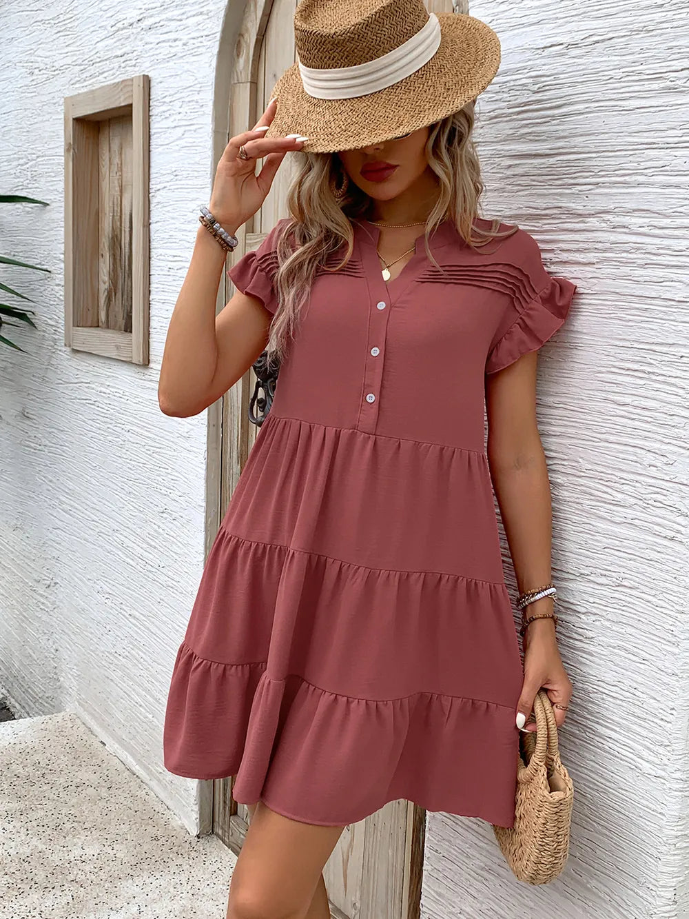 Robe mini à volants à encolure notch Perfee