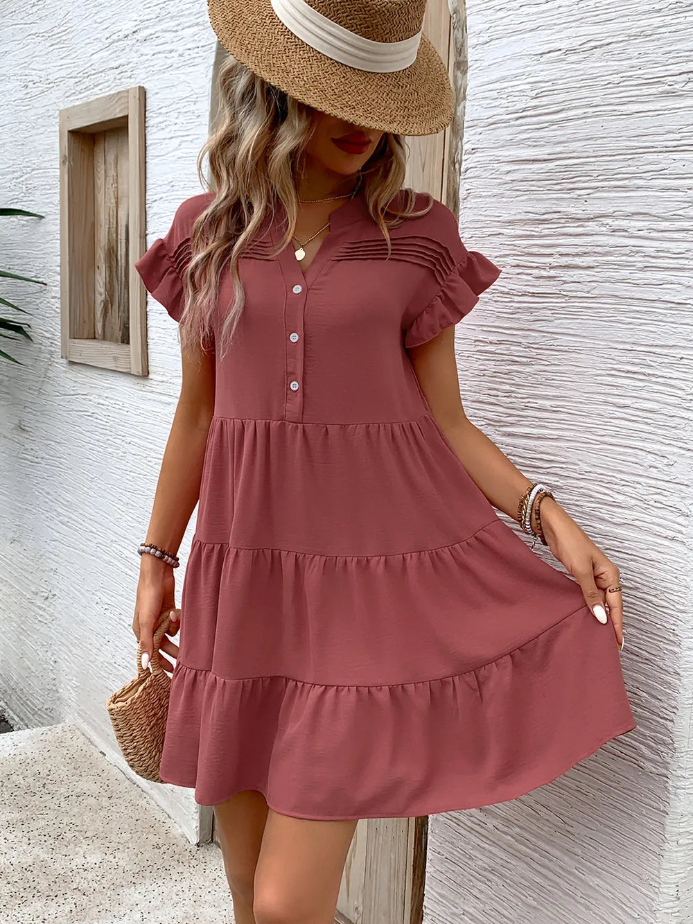 Robe mini à volants à encolure notch Perfee