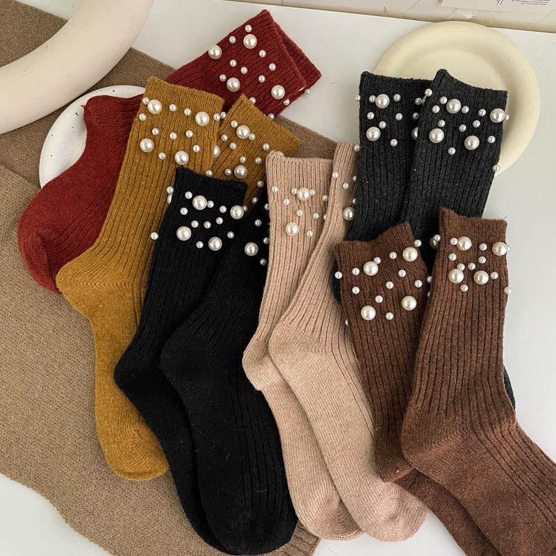 Personalized Korean style fashionable rivet bead pile socks autumn and winter thick warm rabbit wool mid tube socks for children - Korvel