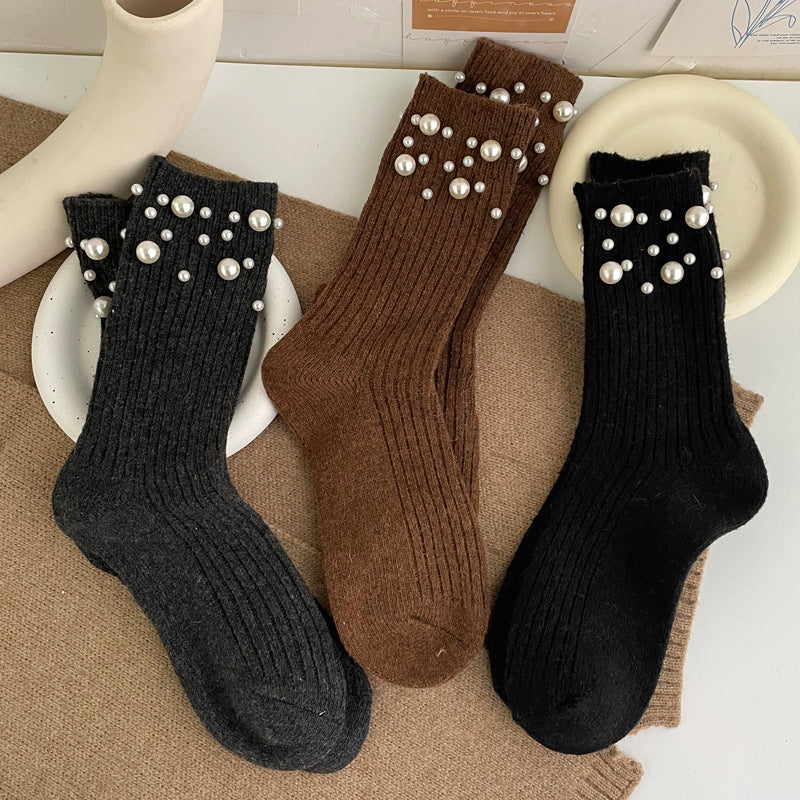 Personalized Korean style fashionable rivet bead pile socks autumn and winter thick warm rabbit wool mid tube socks for children - Korvel