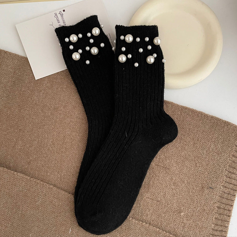 Personalized Korean style fashionable rivet bead pile socks autumn and winter thick warm rabbit wool mid tube socks for children - Korvel