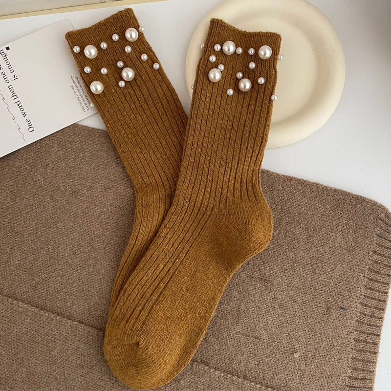 Personalized Korean style fashionable rivet bead pile socks autumn and winter thick warm rabbit wool mid tube socks for children - Korvel