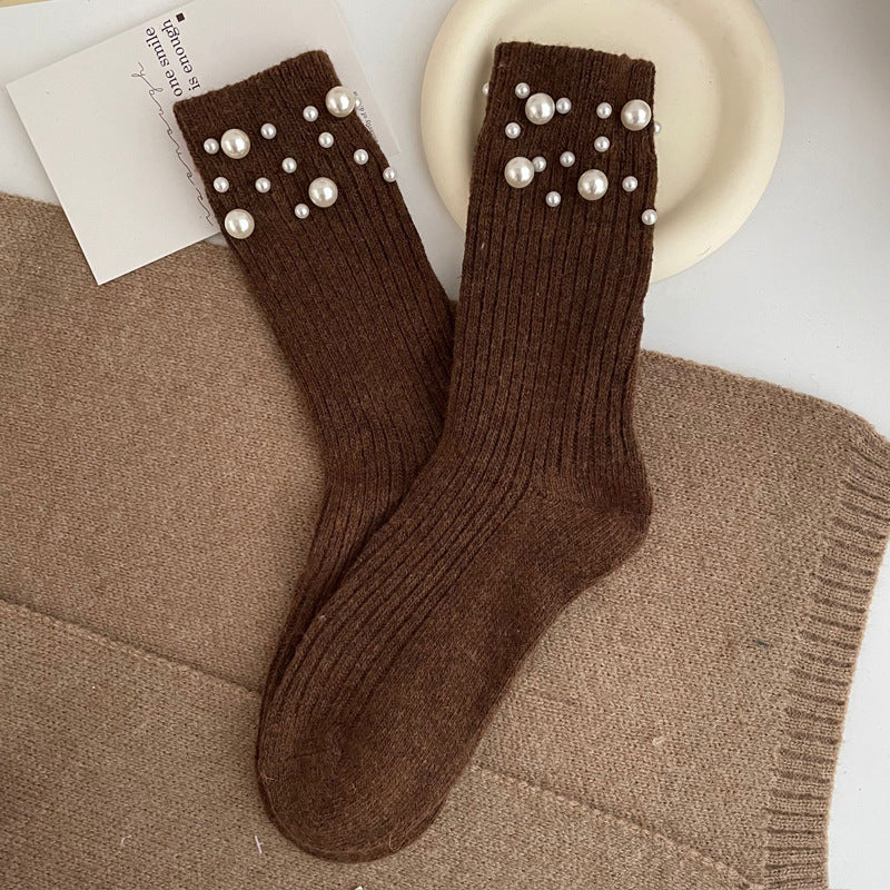 Personalized Korean style fashionable rivet bead pile socks autumn and winter thick warm rabbit wool mid tube socks for children - Korvel