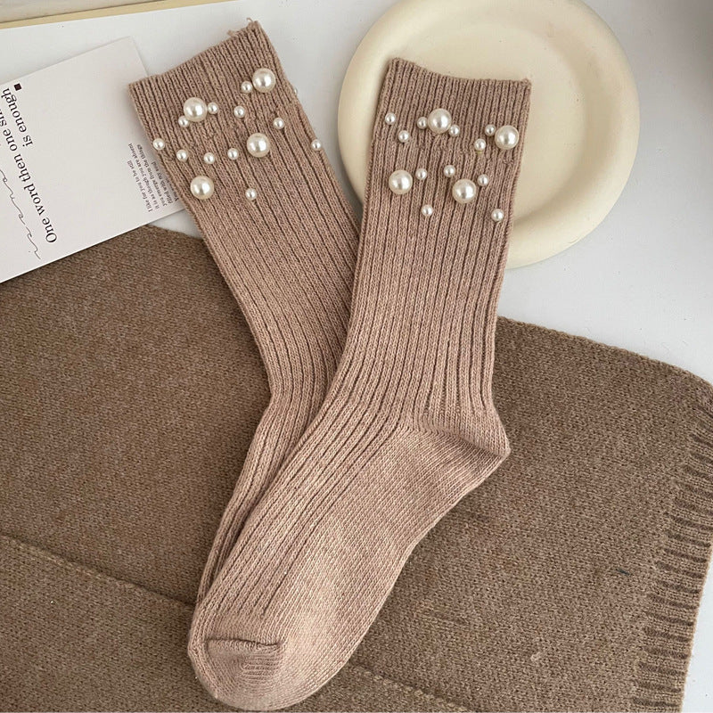 Personalized Korean style fashionable rivet bead pile socks autumn and winter thick warm rabbit wool mid tube socks for children - Korvel