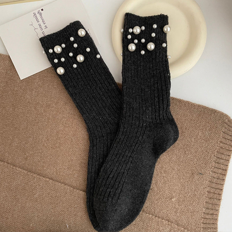 Personalized Korean style fashionable rivet bead pile socks autumn and winter thick warm rabbit wool mid tube socks for children - Korvel