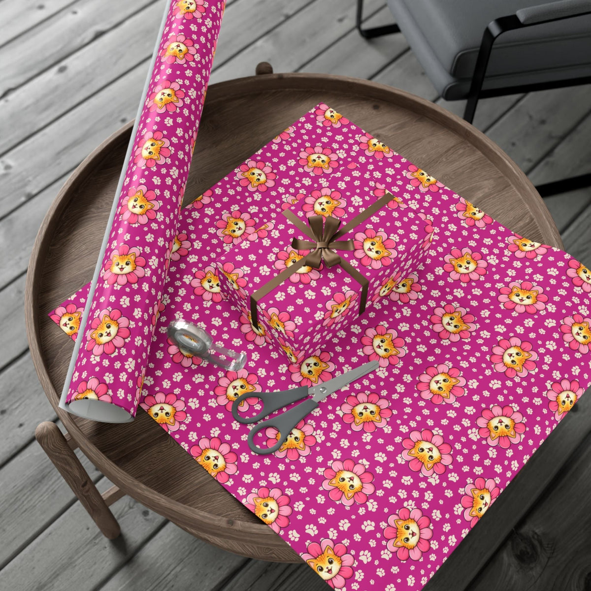 Emballage Cadeau Chat Rose Fleurie | Papier Cadeau Adorable pour Amateurs de Chats