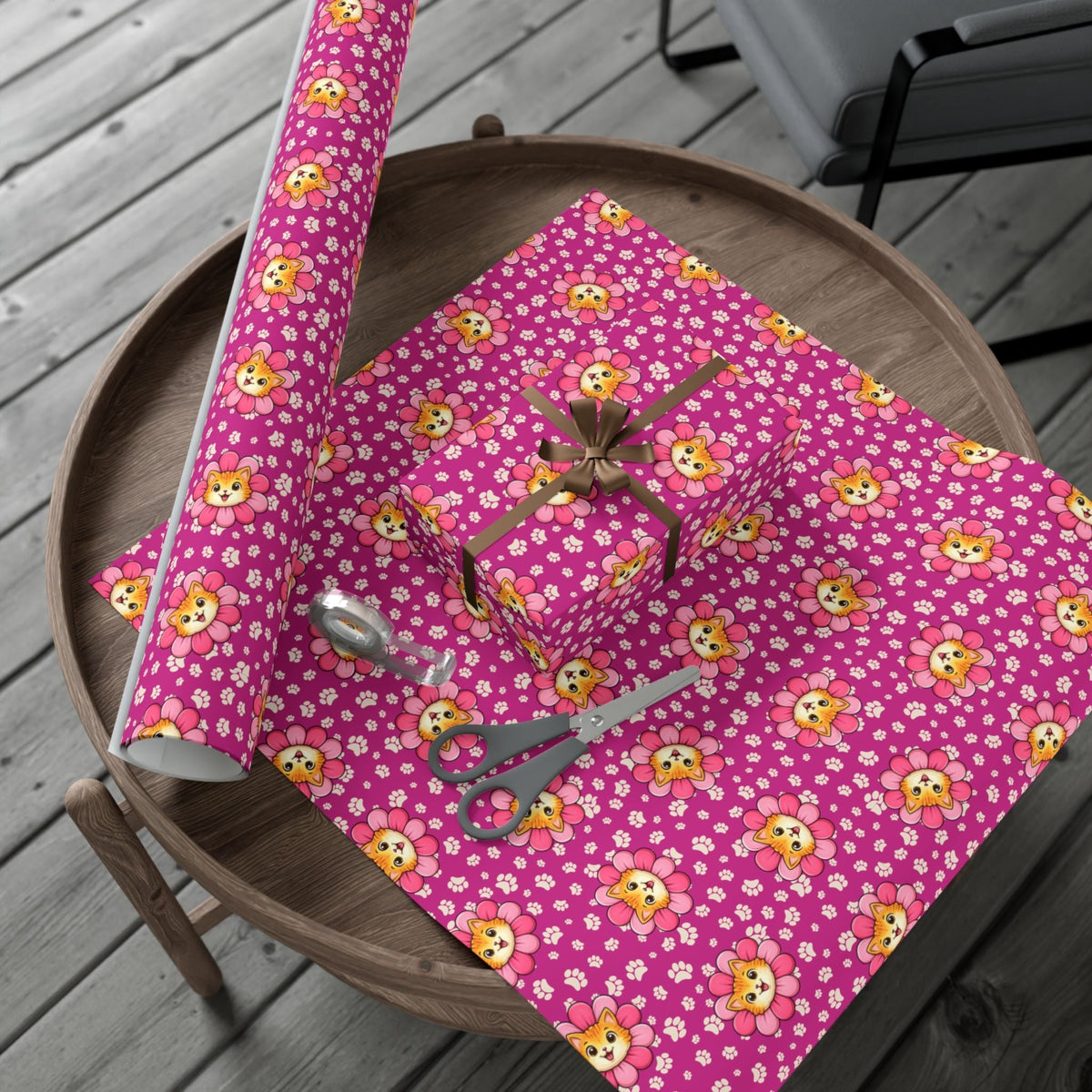 Emballage Cadeau Chat Rose Fleurie | Papier Cadeau Adorable pour Amateurs de Chats