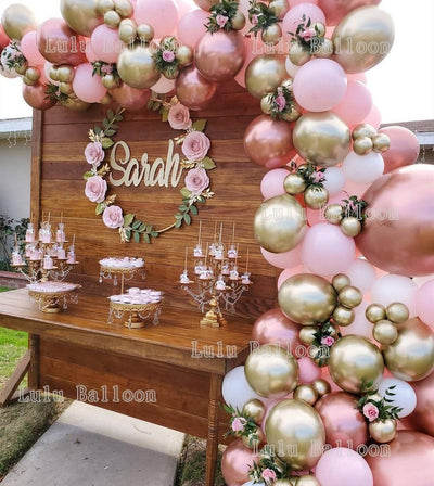 Pink White and Gold Balloon Garland Arch Kit