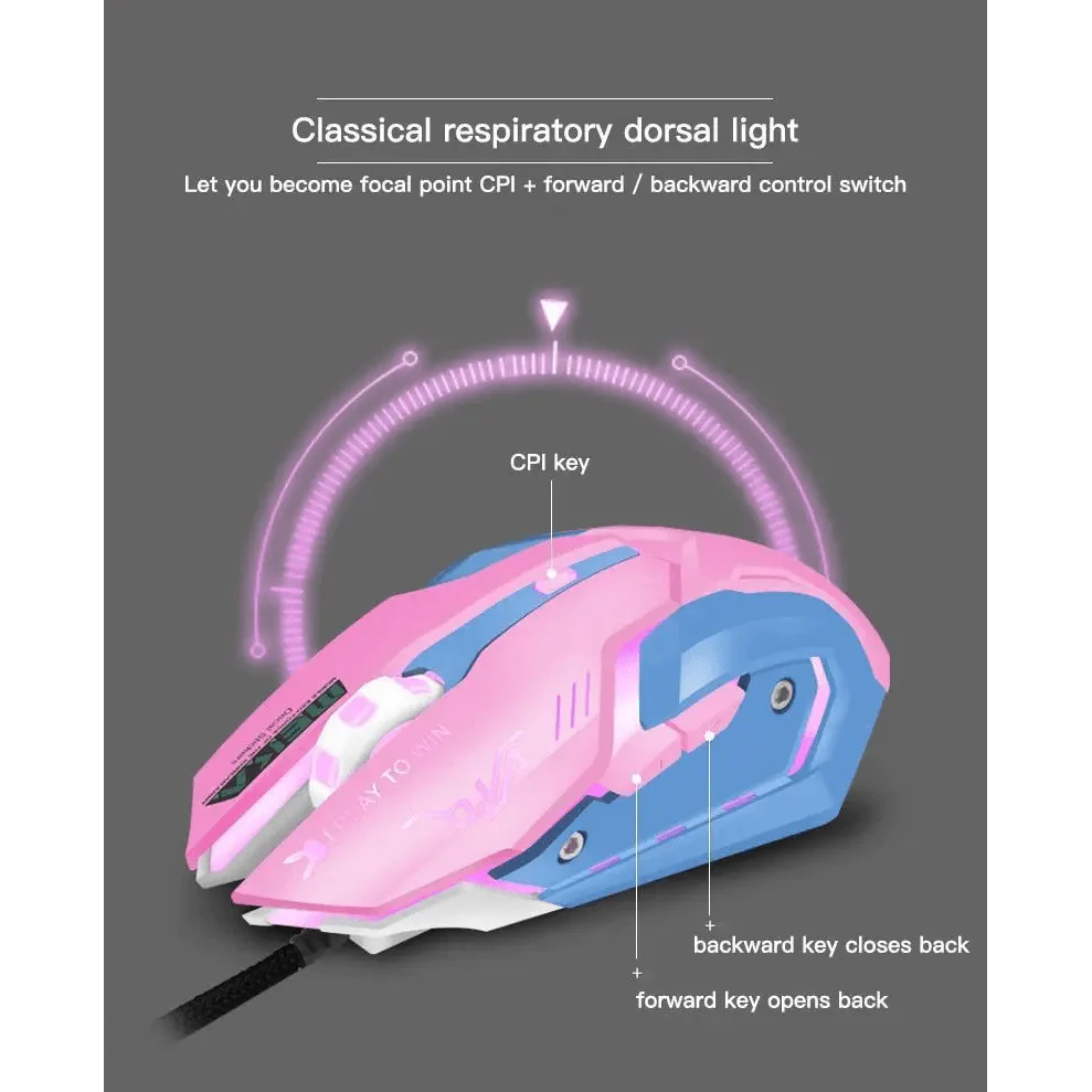 Pink Wired Gaming Mouse with 6 Buttons and 3200 DPI