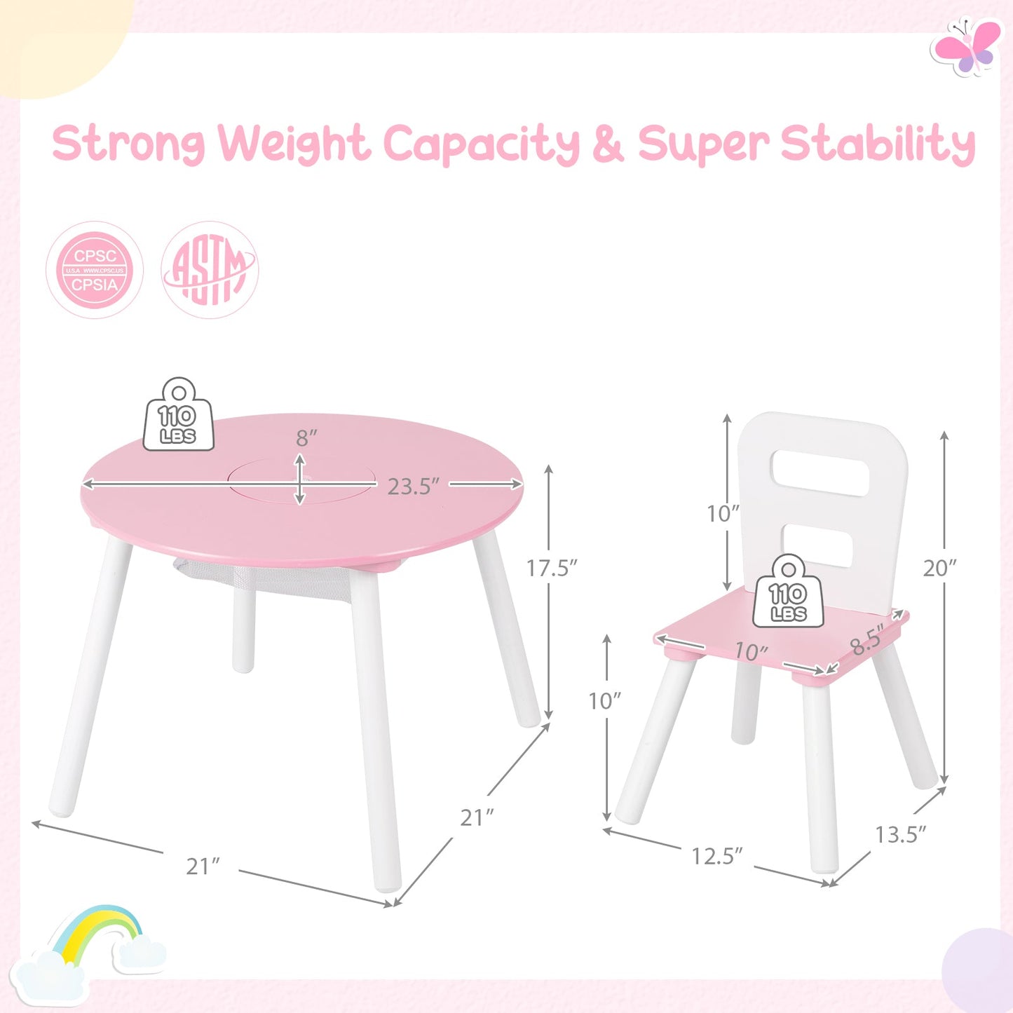 Ensemble de table et chaises d'activité pour enfants avec rangement en maille - Rose