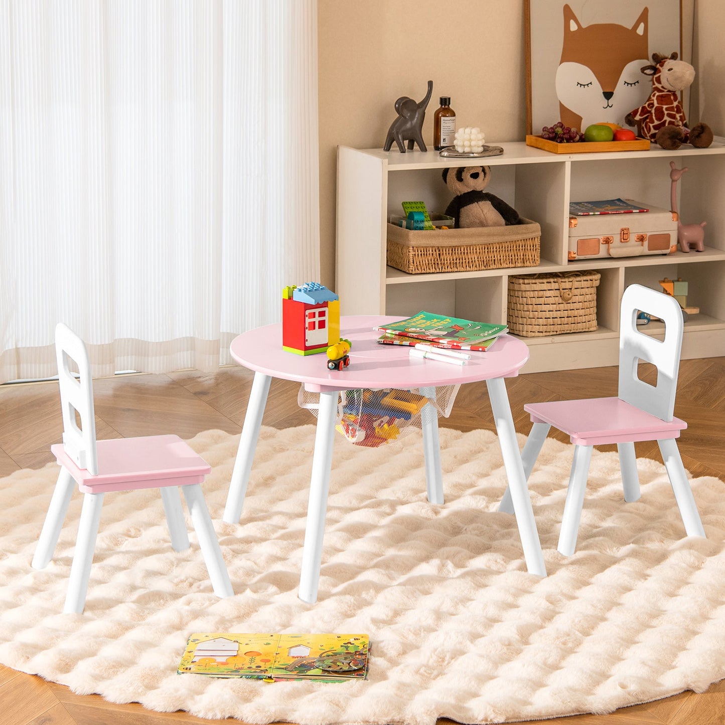 Ensemble de table et chaises d'activité pour enfants avec rangement en maille - Rose