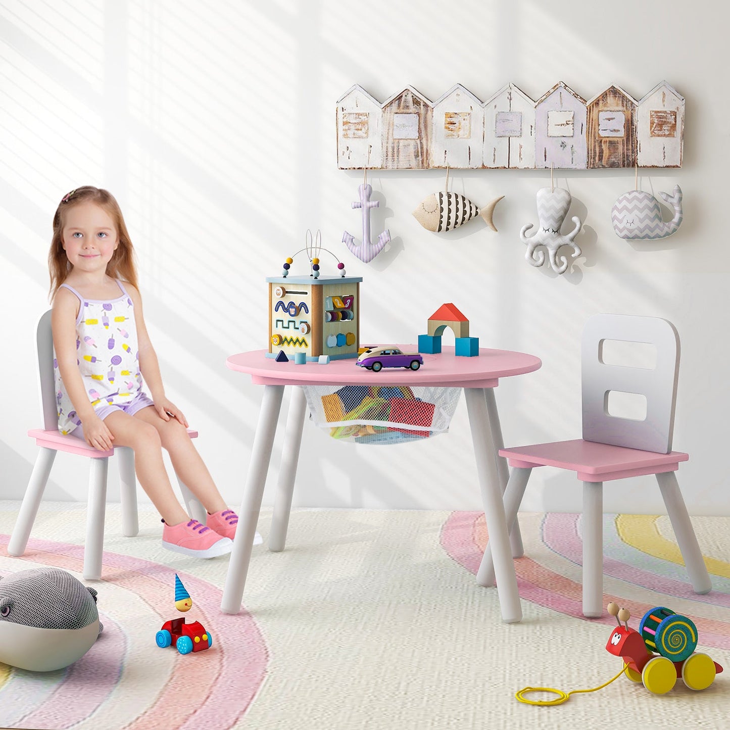 Ensemble de table et chaises d'activité pour enfants avec rangement en maille - Rose