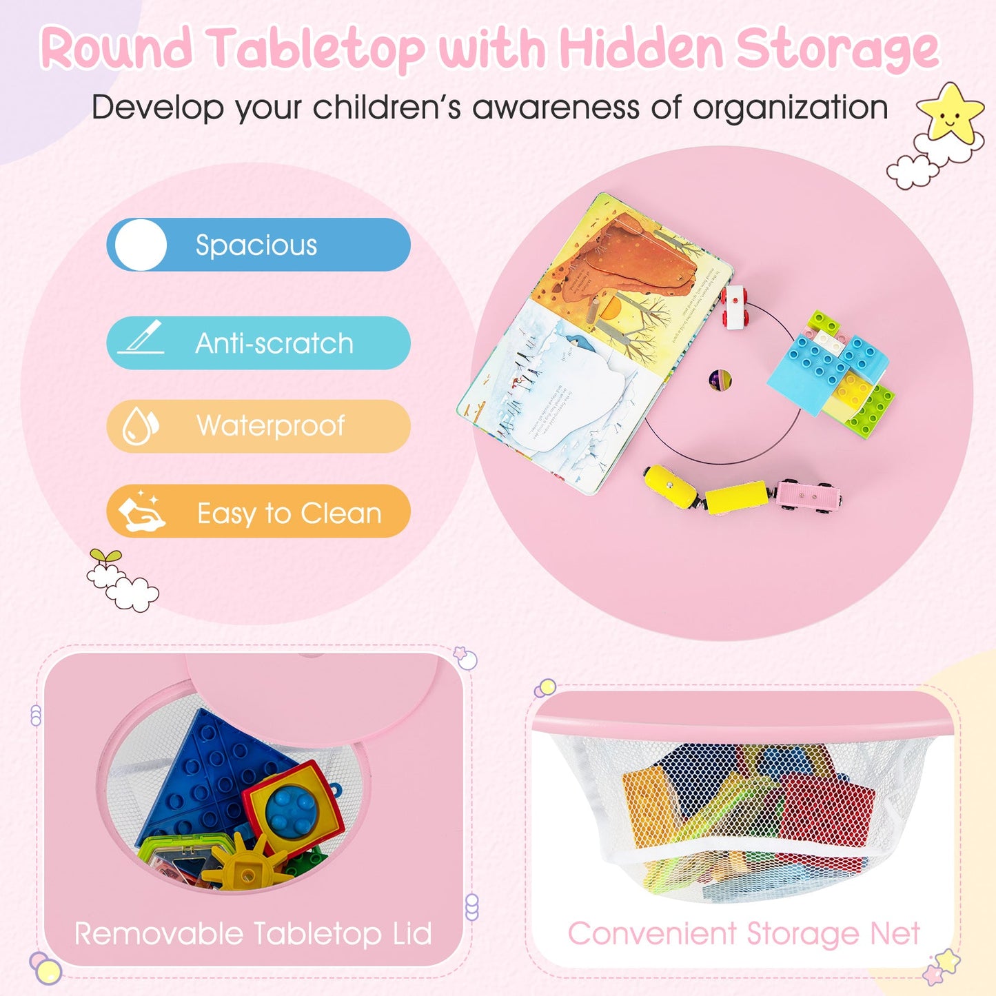 Ensemble de table et chaises d'activité pour enfants avec rangement en maille - Rose