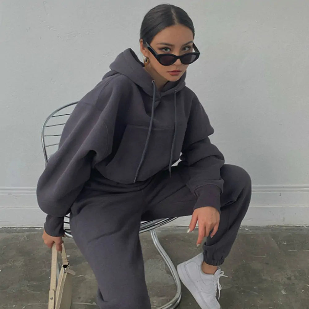 Ensemble de Sweat à Capuche et Pantalon en Fleece Chaud pour Femmes