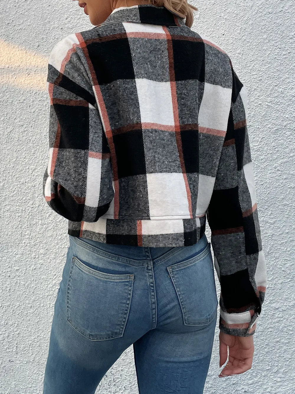 Veste Croisée à Carreaux avec Épaules Tombantes