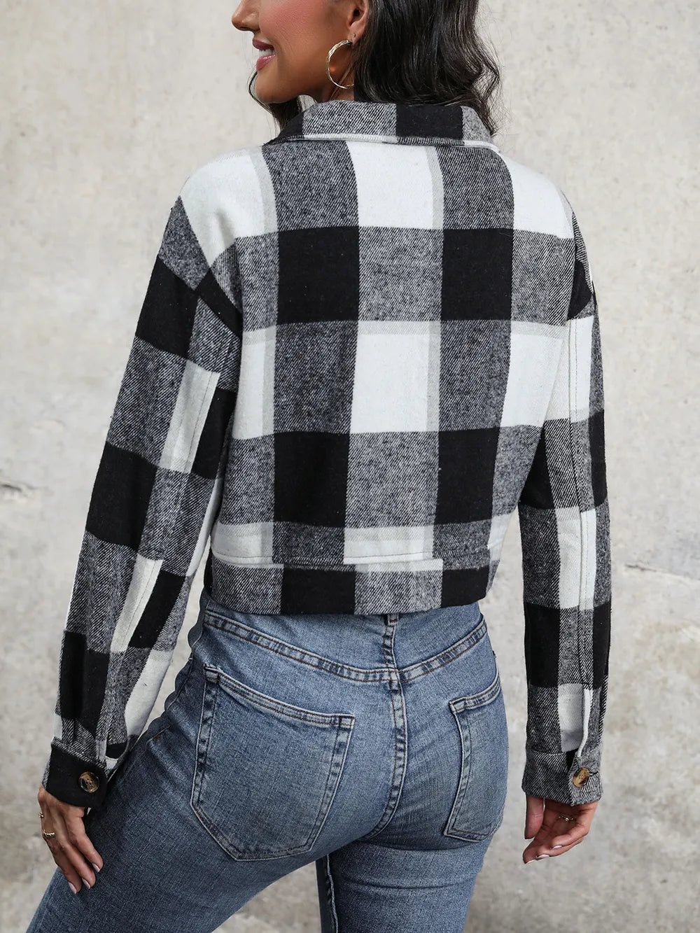 Veste Croisée à Carreaux avec Épaules Tombantes