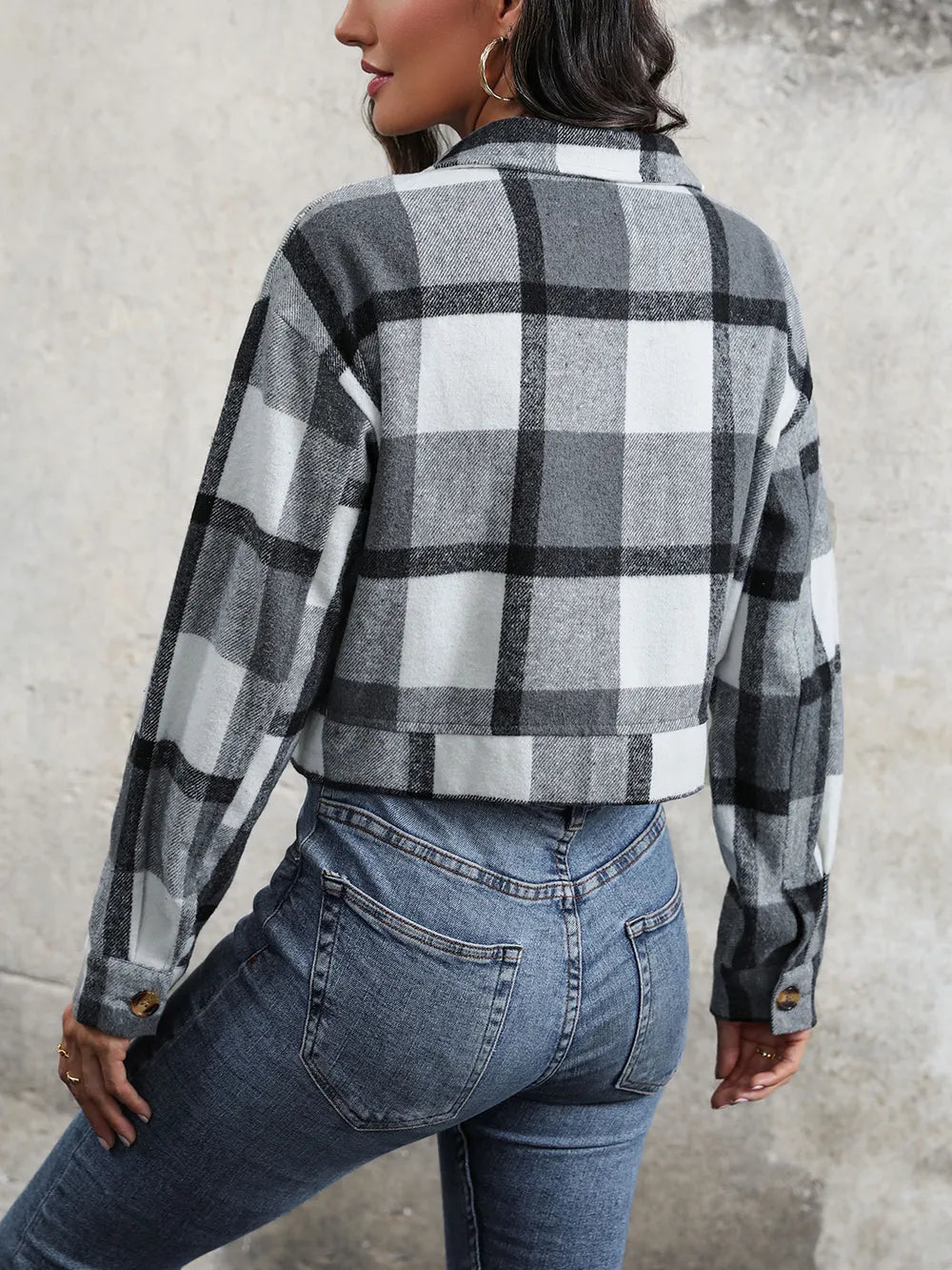 Veste Croisée à Carreaux avec Épaules Tombantes