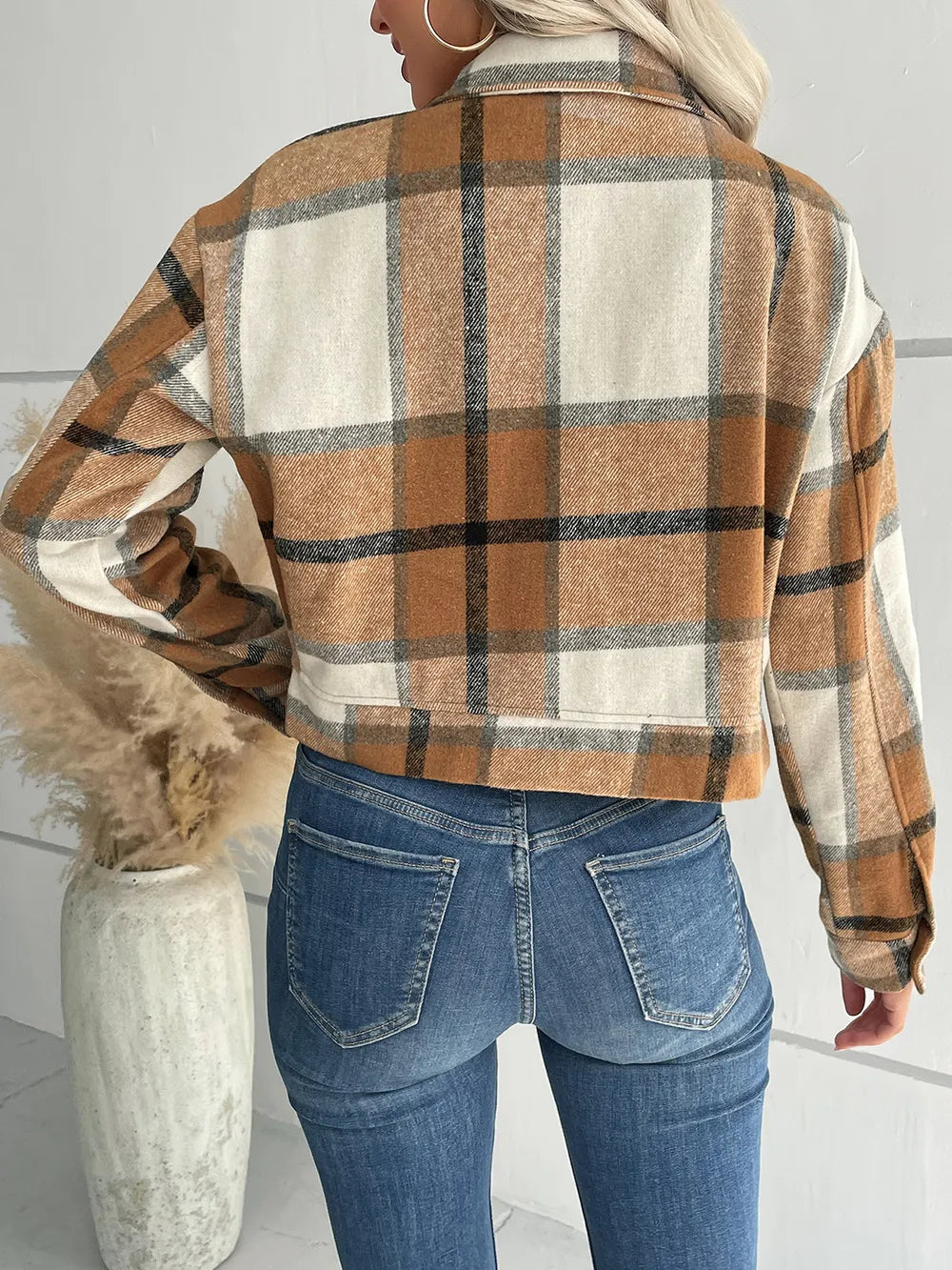 Veste Croisée à Carreaux avec Épaules Tombantes