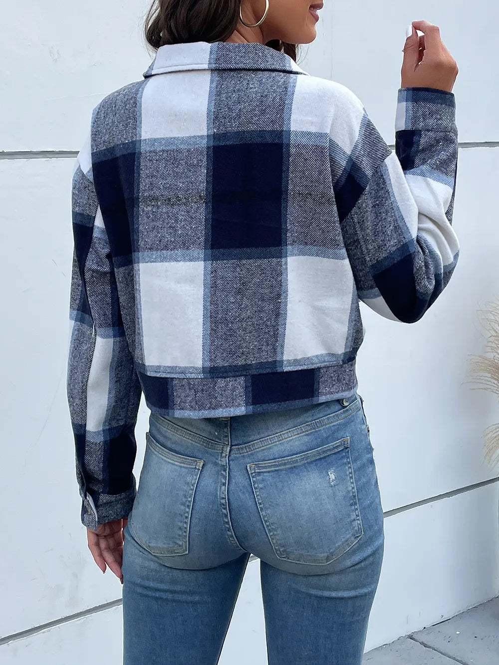 Veste Croisée à Carreaux avec Épaules Tombantes