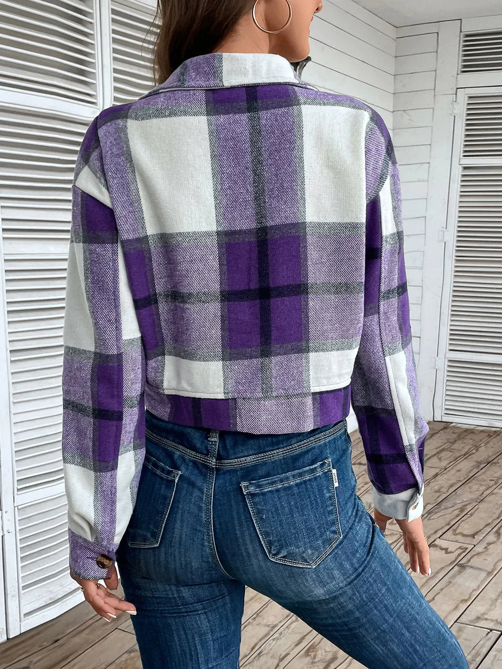 Veste Croisée à Carreaux avec Épaules Tombantes